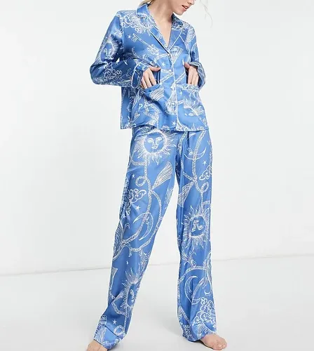 ASOS Tall Pijama azul y blanco de camisa y pantalones con estampado celestial barroco de satén de ASOS DESIGN Tall-Azul marino (8777080)
