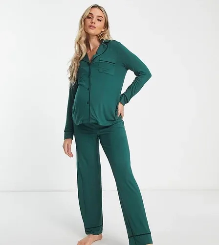 ASOS Maternity Pijama verde de camisa de manga larga y pantalones con ribetes en contraste de ASOS DESIGN Maternity (8795926)