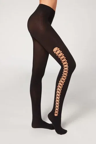 Calzedonia Pantis Opacos 90 Deniers con Trenzado y Cut-Out Mujer Negro Tamaño 1/2 (8807665)