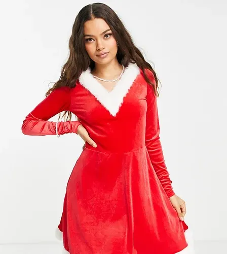 Vestido corto con diseño navideño de Papá Noel, capucha y ribete de piel sintética de velour de Threadbare Petite-Rojo (8829131)