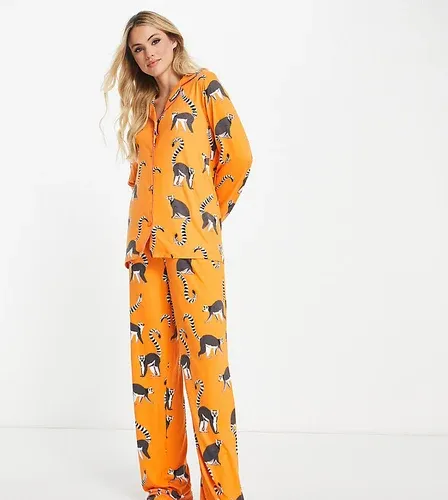Pijama naranja de pantalones y top abotonado con estampado de lémures de punto de Chelsea Peers Tall (8836938)