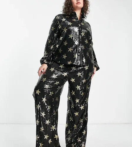 Pantalones de pernera ancha con estampado de estrellas de lentejuelas de Twisted Wunder Plus (parte de un conjunto)-Dorado (8858143)