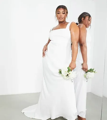 Vestido de boda color marfil con cola y escote cuadrado Layne de ASOS Edition Curve-Blanco (8965355)