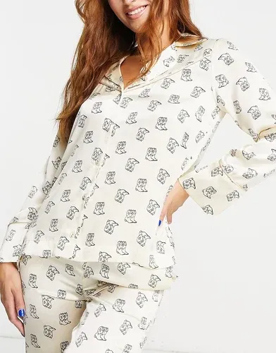 Top de pijama color crema de estilo wéstern con estampado de botas de cowboy de satén de poliéster Thelma de Wild Lovers-Blanco (8988002)