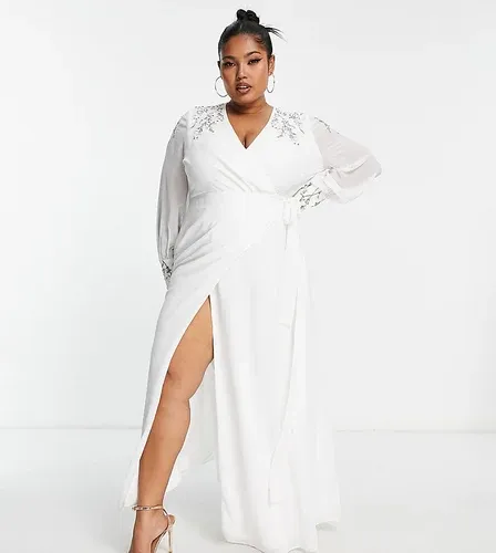 Vestido de novia largo color marfil cruzado con abalorios de Hope &amp; Ivy Plus-Blanco (8988061)