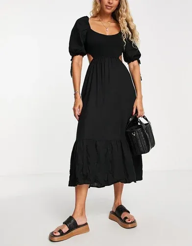 Vestido midi negro fruncido en la parte delantera con mangas abullonadas de lino Fin de The Frolic (9025388)