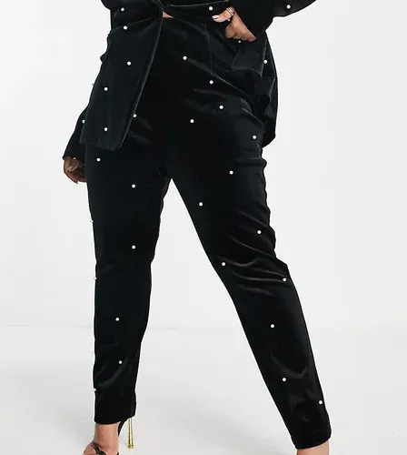 Pantalones negros entallados de terciopelo con perlas de ASOS Luxe Curve (parte de un conjunto) (9025398)