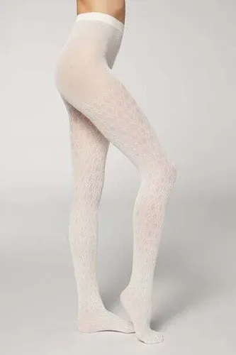 Calzedonia Pantis con Cachemira y Motivo de Rombos Mujer Blanco Tamaño 1/2 (9043517)