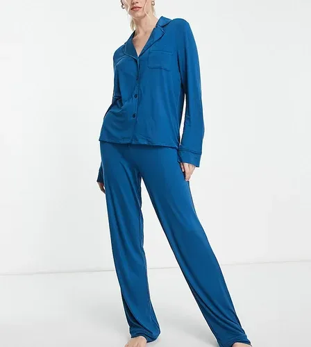 ASOS Tall Pijama color cerceta de camisa de manga larga y pantalones con ribetes en contraste exclusivo de ASOS DESIGN Tall-Azul (9080052)