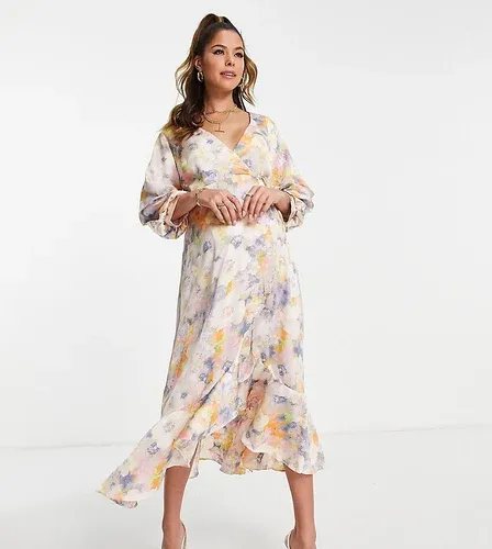 Vestido midi en tonos pastel suaves con estampado floral, diseño cruzado y mangas abullonadas de satén de Liquorish Maternity-Multicolor (7760687)