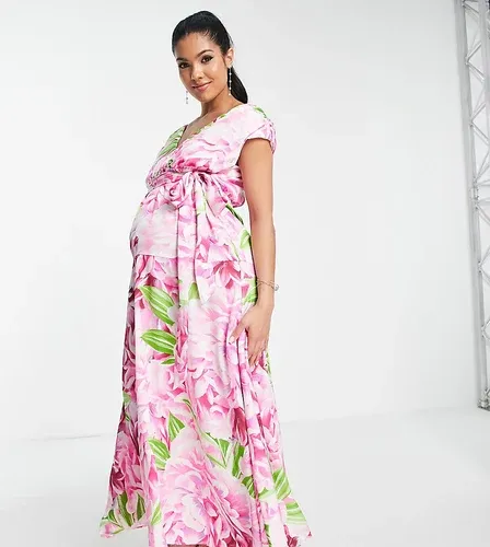 Vestido largo verde y rosa escotado con estampado floral de Liquorish Maternity-Multicolor (8093034)