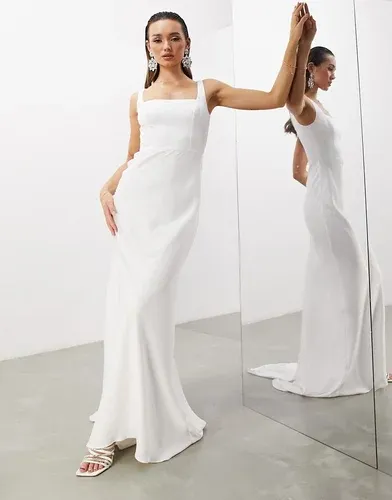 Vestido de novia color marfil con cola y escote cuadrado de satén Layne de ASOS EDITION-Blanco (9179837)